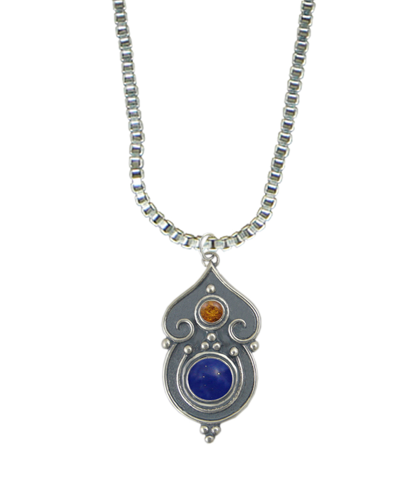 Sterling Silver Necklace Lapis Lazuli And Amber